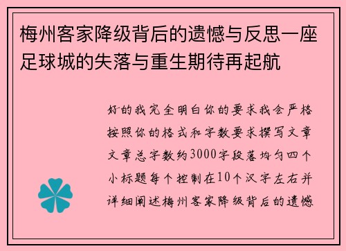 梅州客家降级背后的遗憾与反思一座足球城的失落与重生期待再起航 梅州客家降级背后的遗憾与反思一座足球城的失落与重生期待再起航